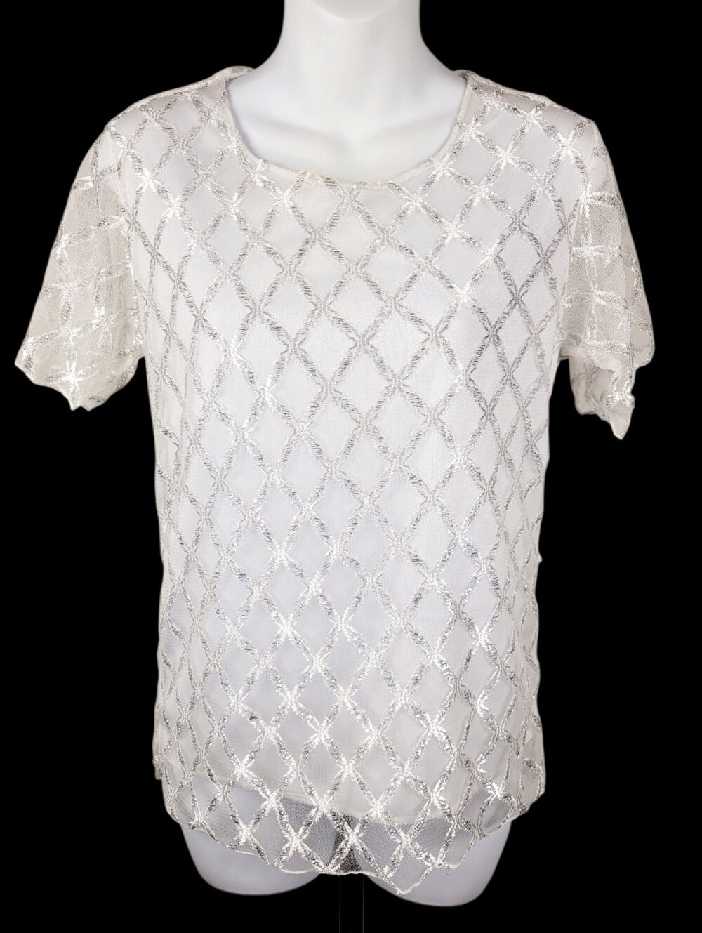 2/$20 Y2K White & Silver Diamond Pattern Sheer Top Blouse Size: Small